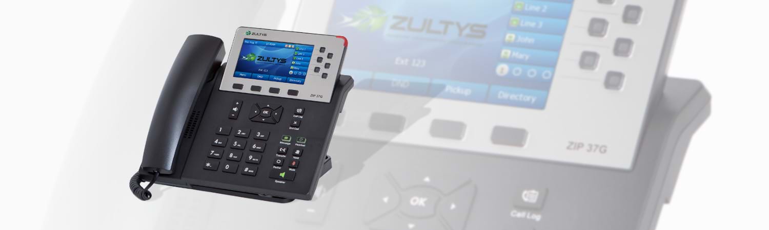 Zultys ZIP 37G Gigabit IP Business Phone against blurred background